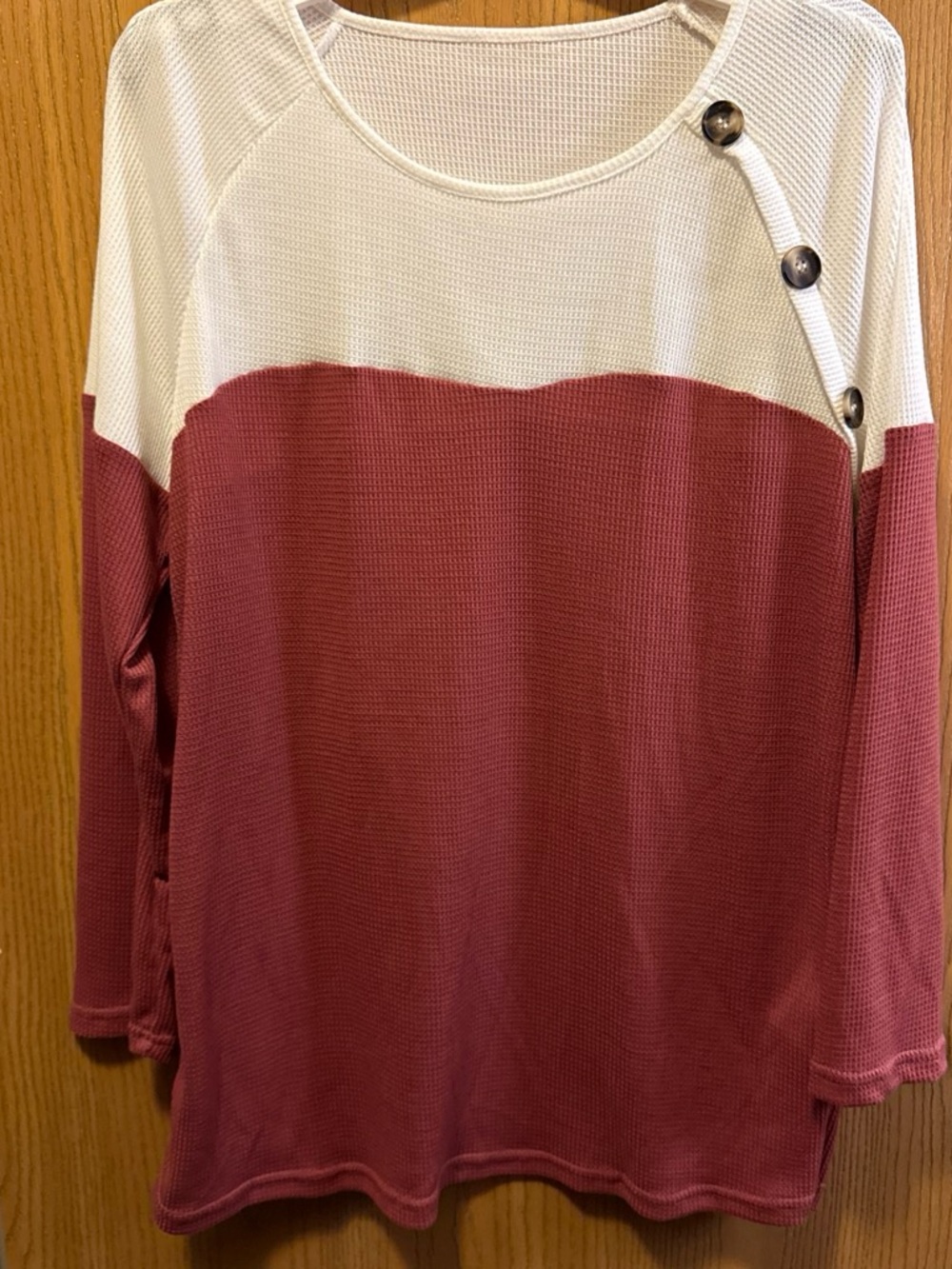 Waffle Knit Colorblock Sweatshirt with Button Detail - Dusty Rose & Cream